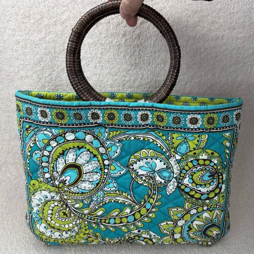 Vera Bradley Quilted Purse Wrapped Wooden Handle Green/Blue/Brown Resort Casual - Picture 2 of 13